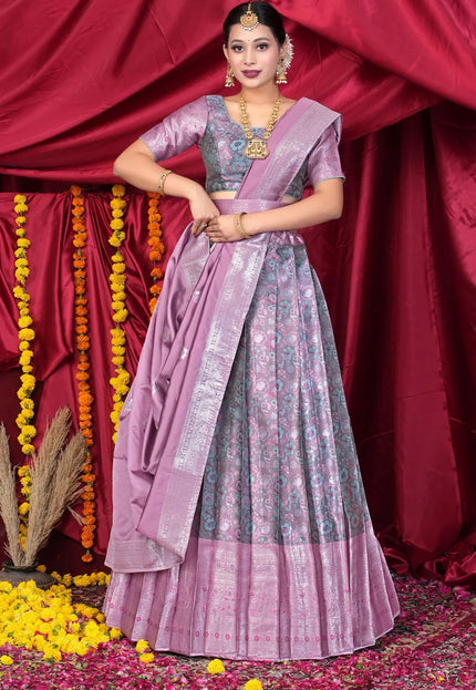 Pink Banarasi Silk Half Saree With Zari Weaving