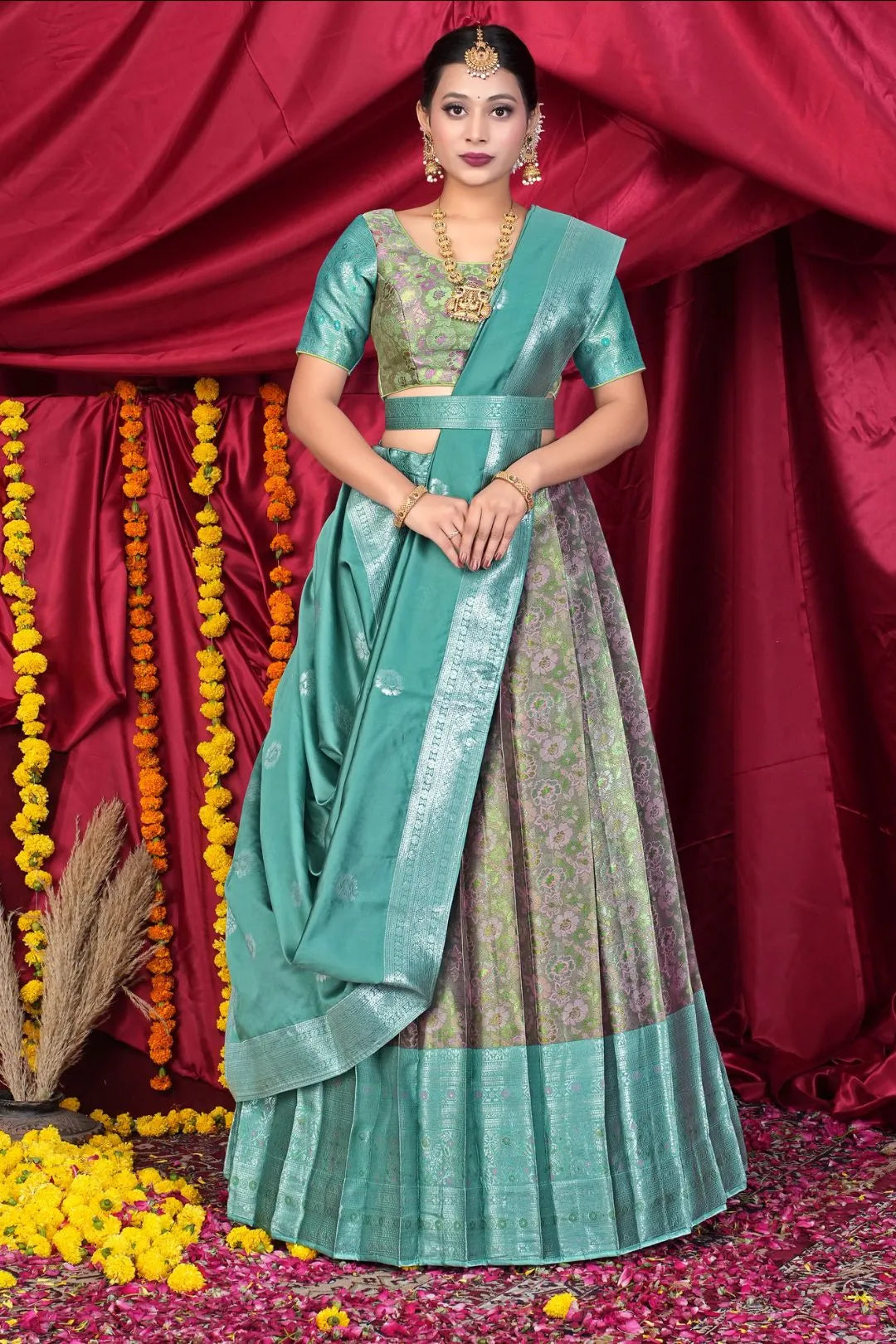 Pink Banarasi Silk Half Saree With Zari Weaving