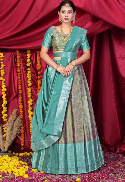 Pink Banarasi Silk Half Saree With Zari Weaving