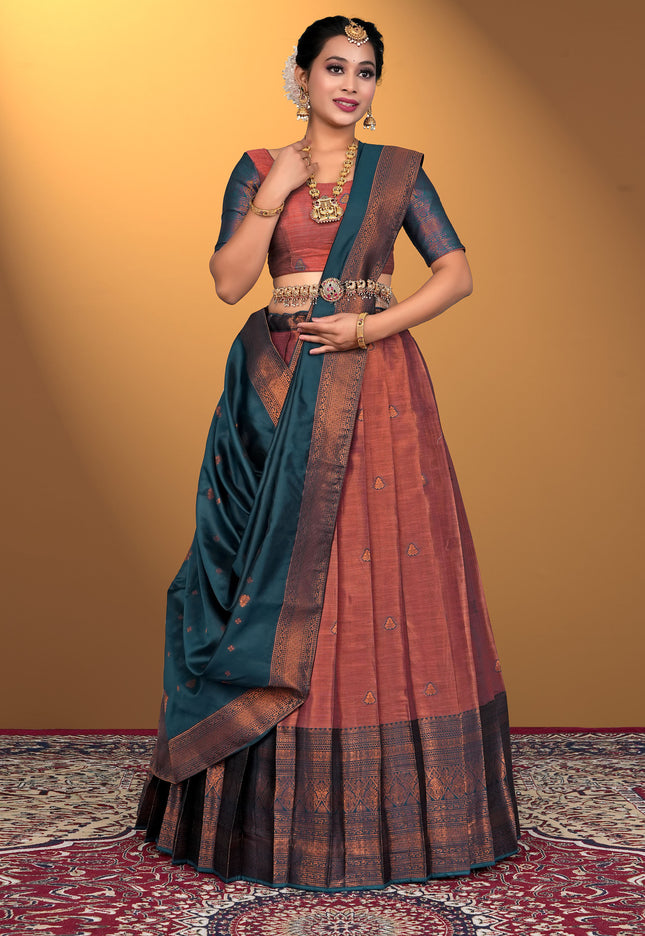 Woman wearing a traditional lehenga with a Pink blouse