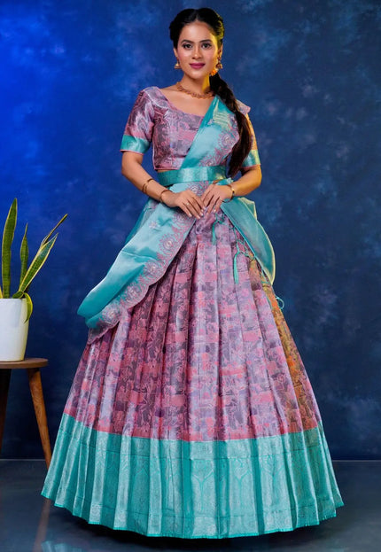 Woman wearing a colorful lehenga choli with dupatta