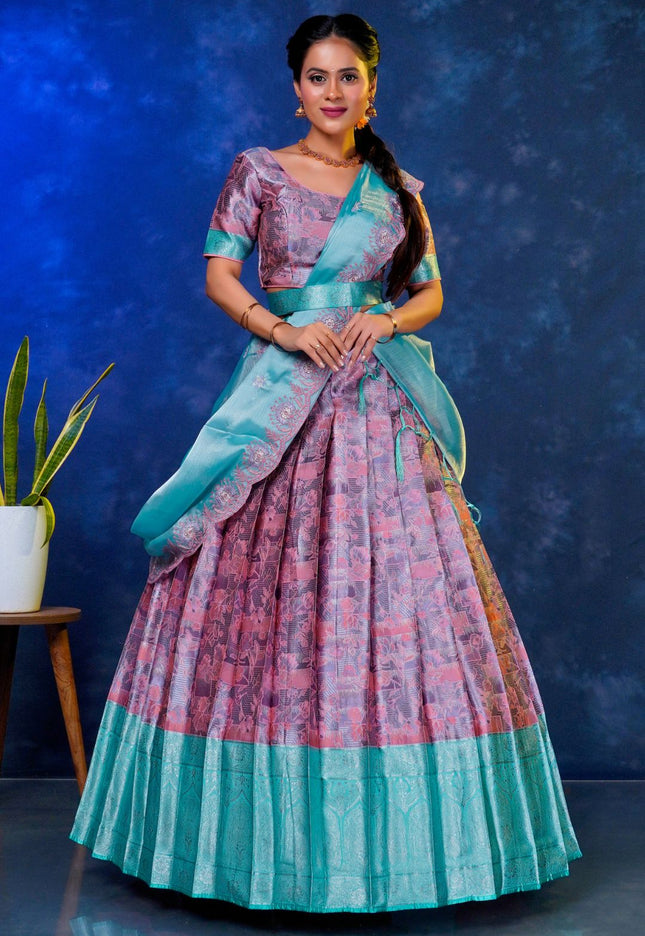 Woman wearing a colorful lehenga choli with dupatta