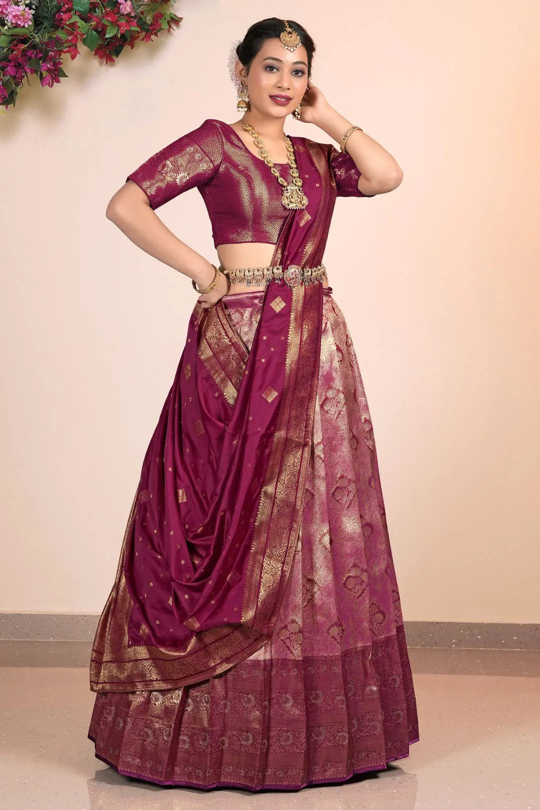 Pink Banarasi Silk Lehenga Pattu Pavadai Designs