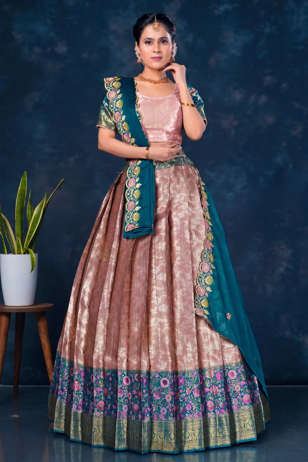 Woman wearing a traditional outfit with floral patterns