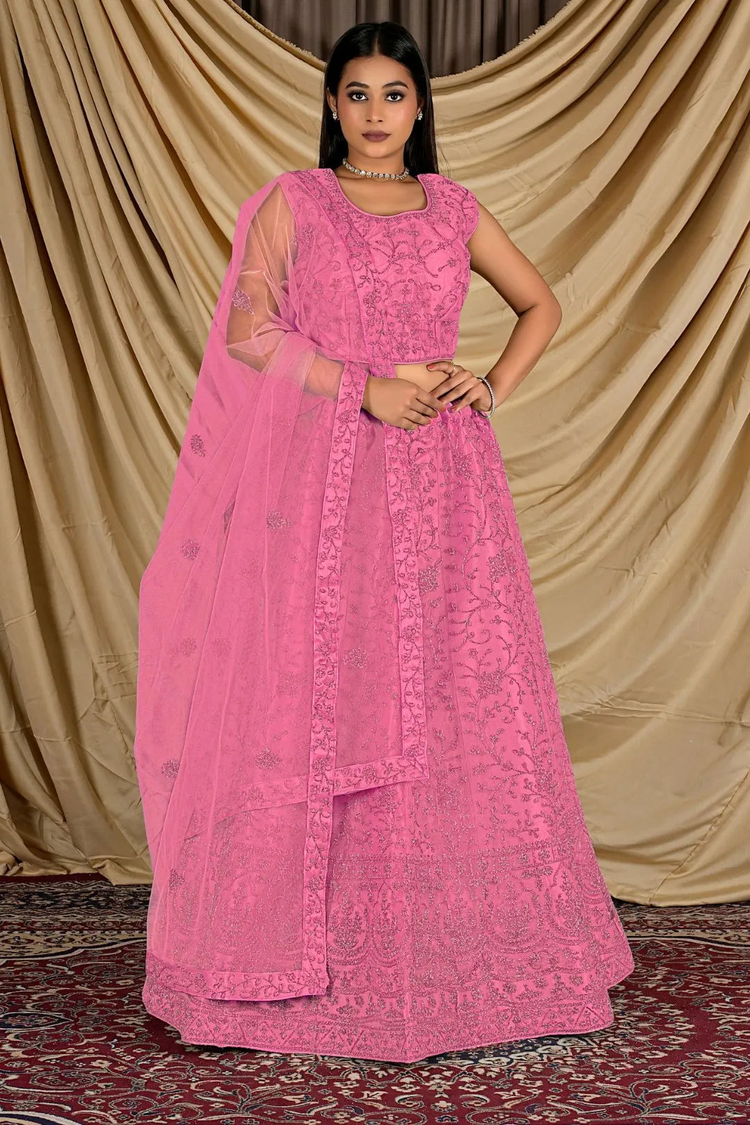 Pink Colour Net Crop Top Lehenga Choli