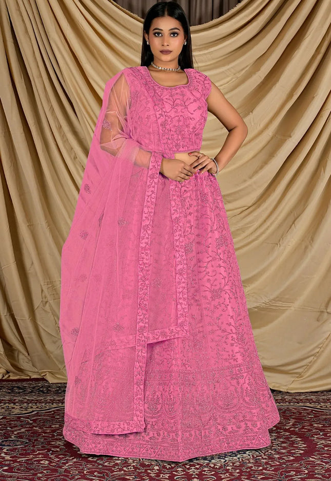 Pink Colour Net Crop Top Lehenga Choli