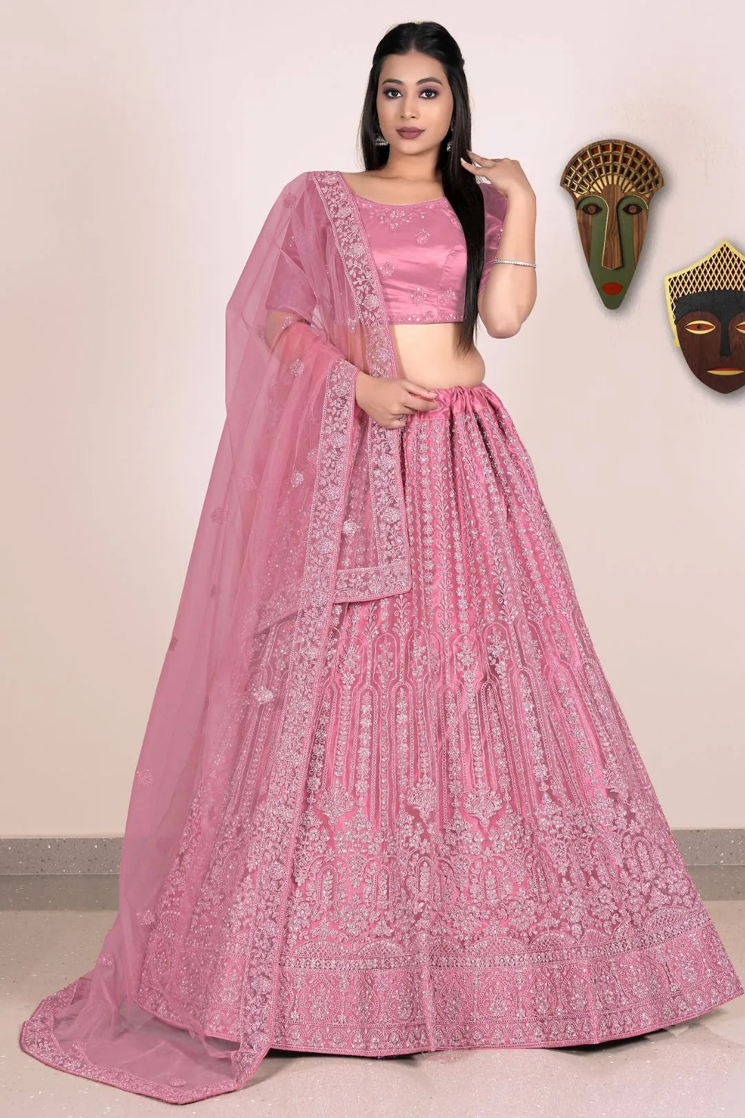Pink Designer Net Lehenga Choli For Women
