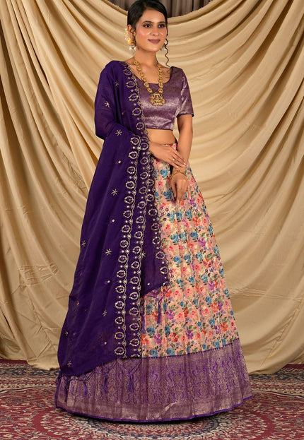 Woman wearing a traditional purple and floral outfit