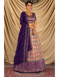 Woman wearing a traditional purple and floral outfit