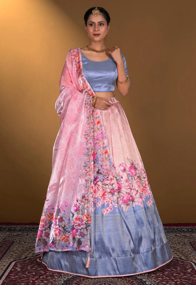 Pink Digital Printed Satin Lehenga With Chinnon Dupatta