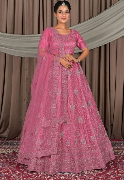 Pink Embroidered Bridesmaid Lehenga Choli In Net