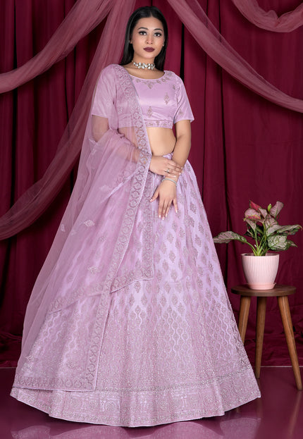 Pink Embroidery Work Net Lehenga Choli