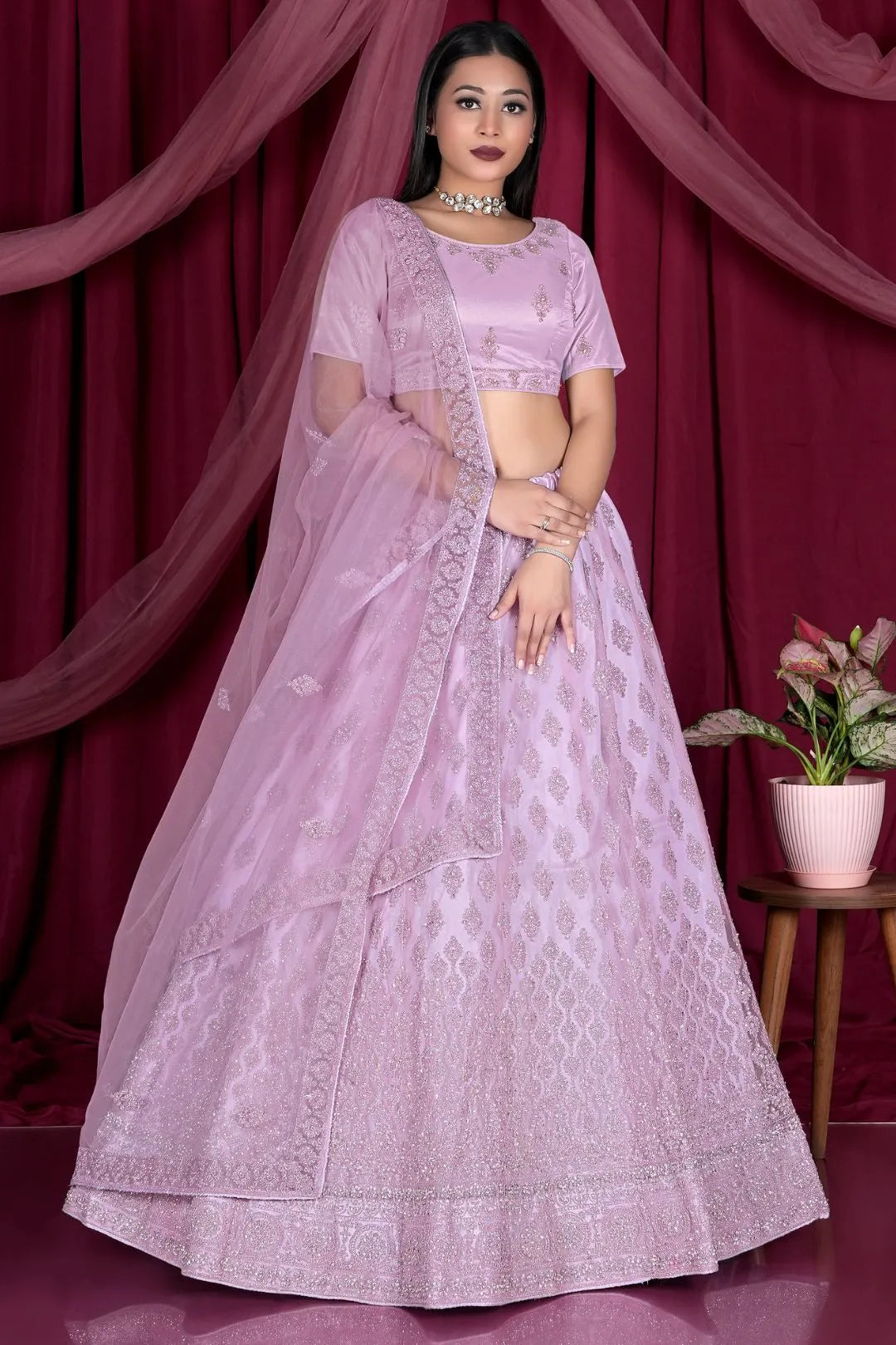 Pink Embroidery Work Net Lehenga Choli