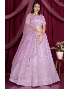 Pink Embroidery Work Net Lehenga Choli