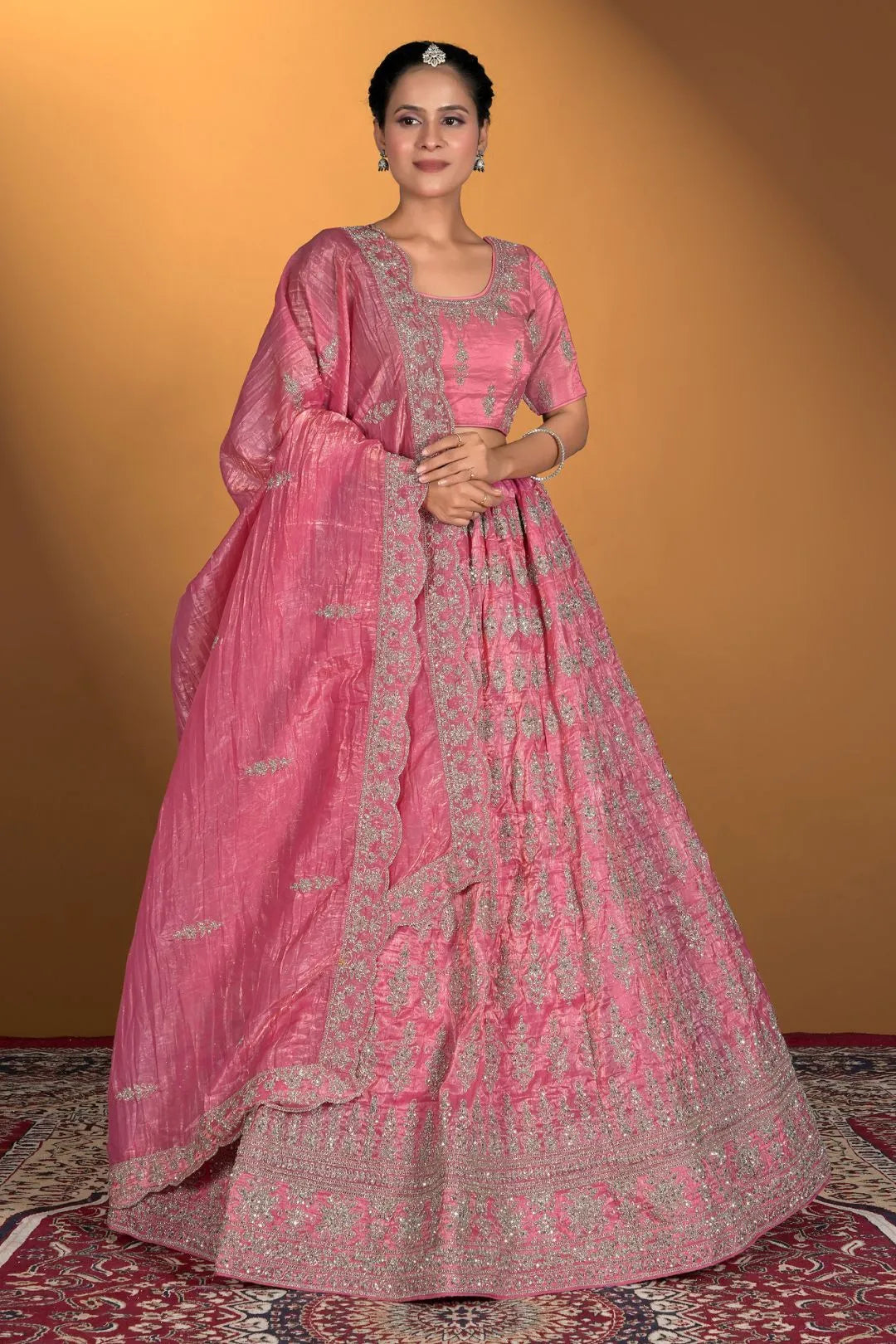 Pink Gold Crush Embroidery Lehenga Choli For Women