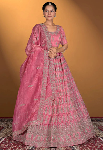 Pink Gold Crush Embroidery Lehenga Choli For Women