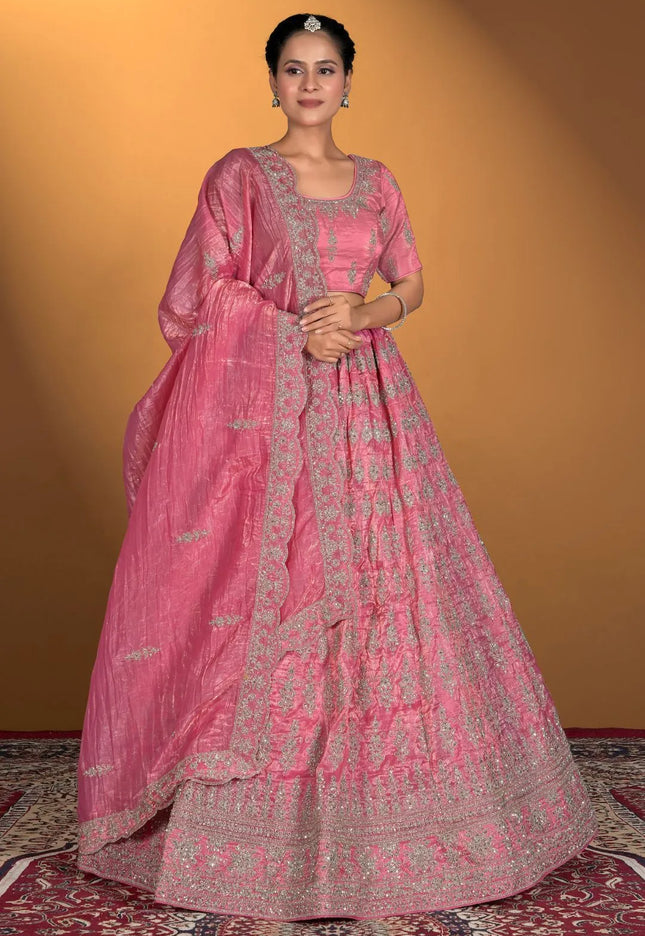 Pink Gold Crush Embroidery Lehenga Choli For Women