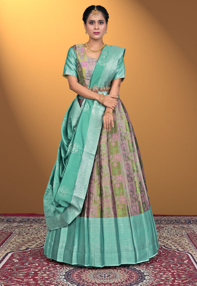 Pink Jacquard Fabric Half Saree With Digital Print
