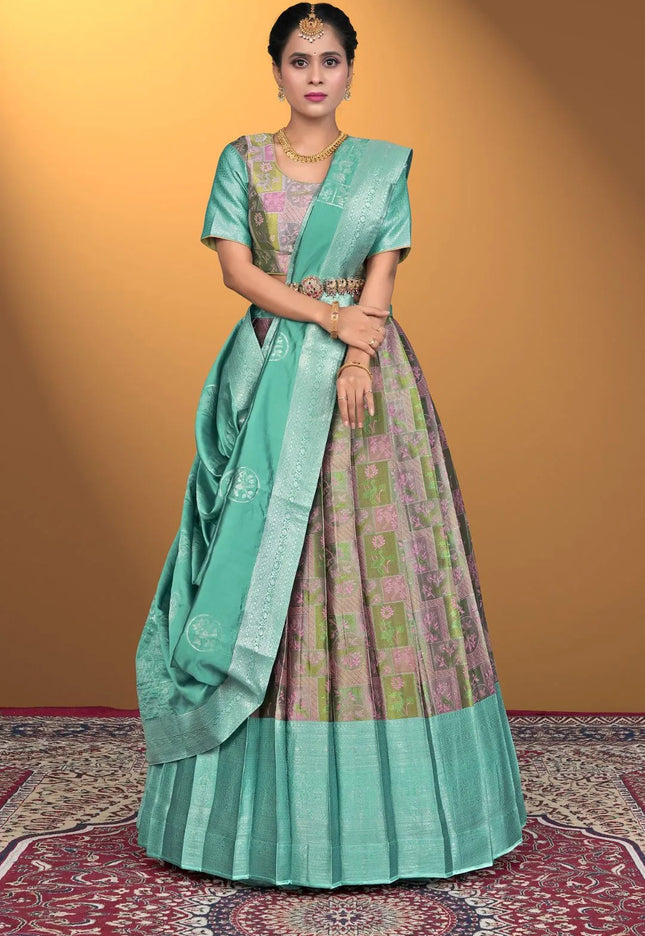 Pink Jacquard Fabric Half Saree With Digital Print