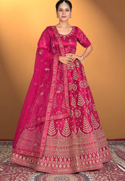 Pink Net Lehenga Choli For Women With Embroidery Work
