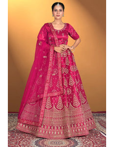 Pink Net Lehenga Choli For Women With Embroidery Work