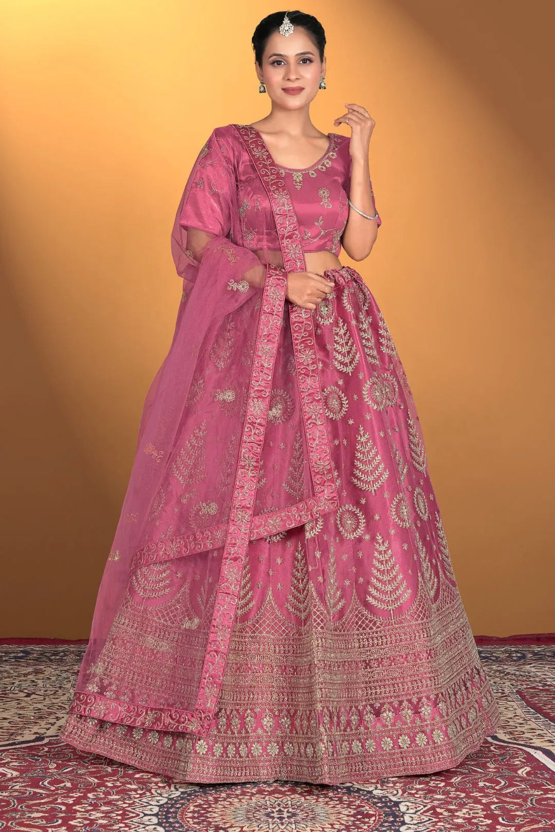 Pink Net Lehenga Choli For Women With Embroidery Work