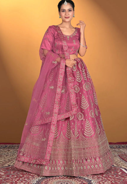Pink Net Lehenga Choli For Women With Embroidery Work