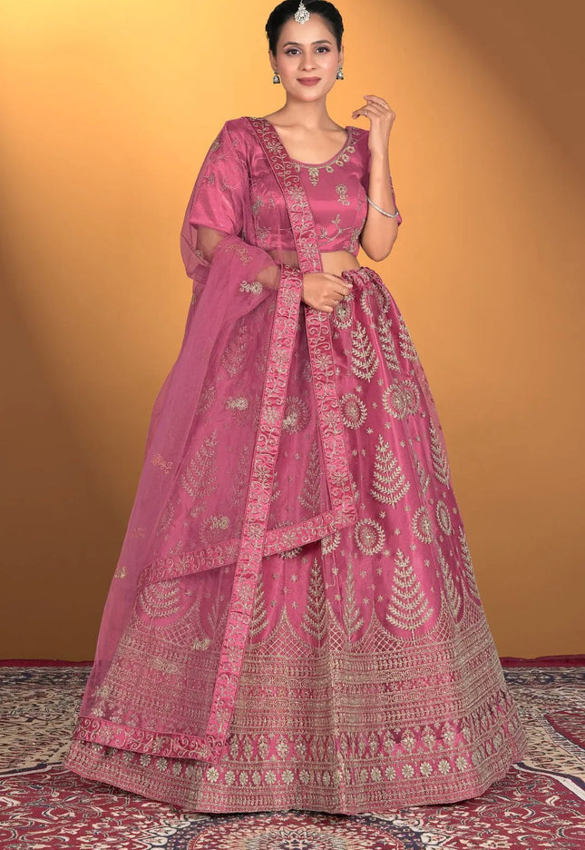 Pink Net Lehenga Choli For Women With Embroidery Work