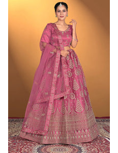 Pink Net Lehenga Choli For Women With Embroidery Work