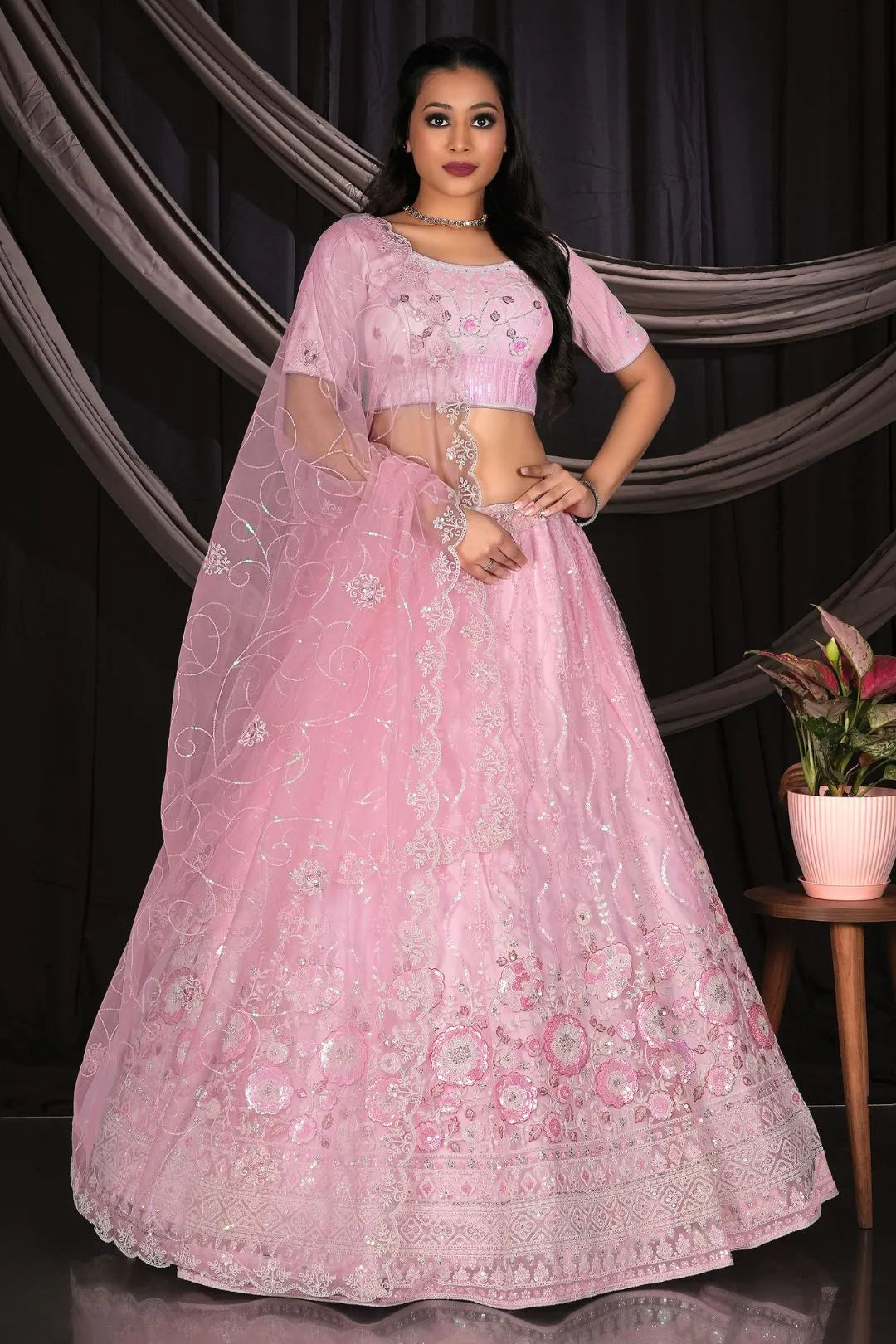 Pink Net Lehenga Choli For Women's in Wedding