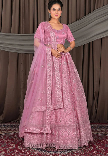 Pink Net Lehenga Choli With Embroidery Work
