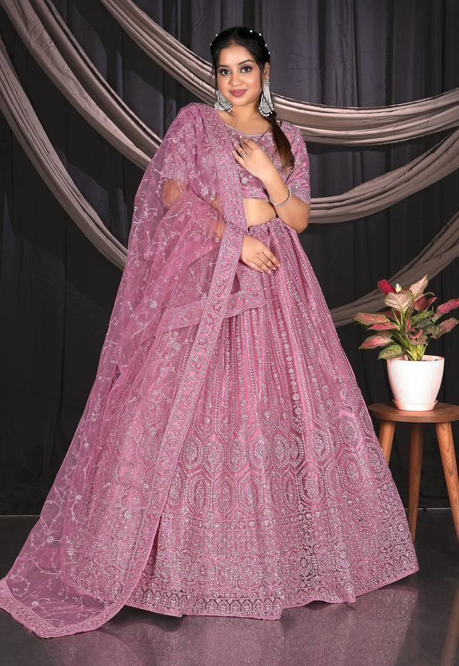 Pink Net Party wear Embroidered Lehenga Choli For Women