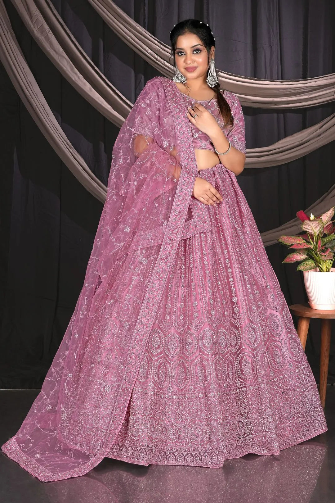 Pink Net Party wear Embroidered Lehenga Choli For Women