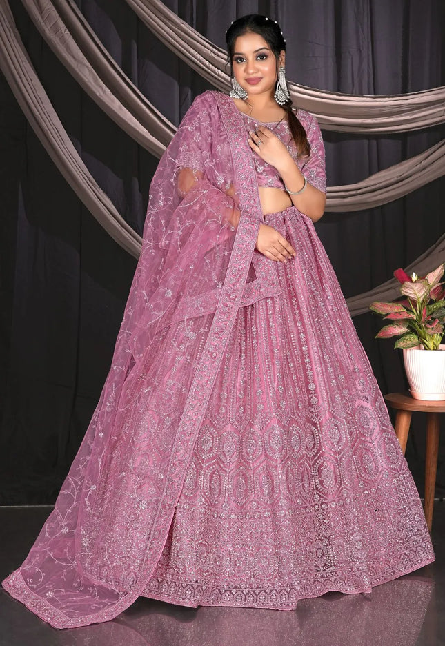 Pink Net Party wear Embroidered Lehenga Choli For Women