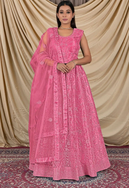 Pink Net Readymade Lehenga Choli For Girls
