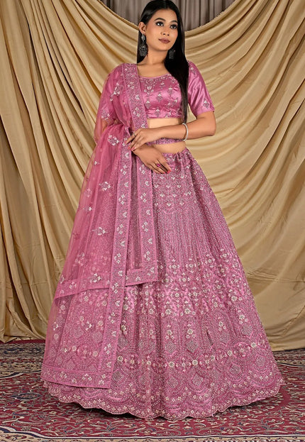 Pink Party Wear Embroidered Net Lehenga Choli For Women