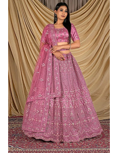 Pink Party Wear Embroidered Net Lehenga Choli For Women