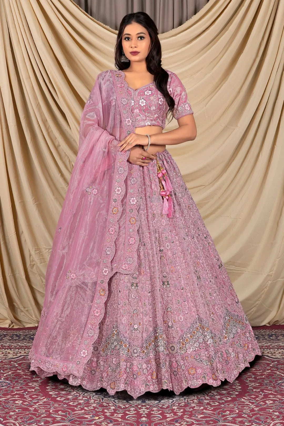 Pink Party Wear Embroidered Twill Net Lehenga Choli For Women