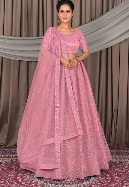 Pink Party Wear Net Lehenga Choli For Women