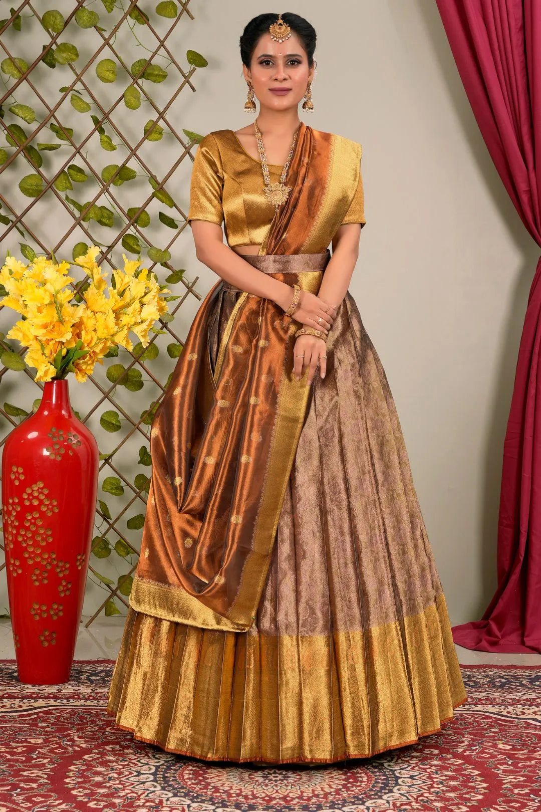 Pink Pure Two Tone Zari Tissue Pattu Lehenga Choli