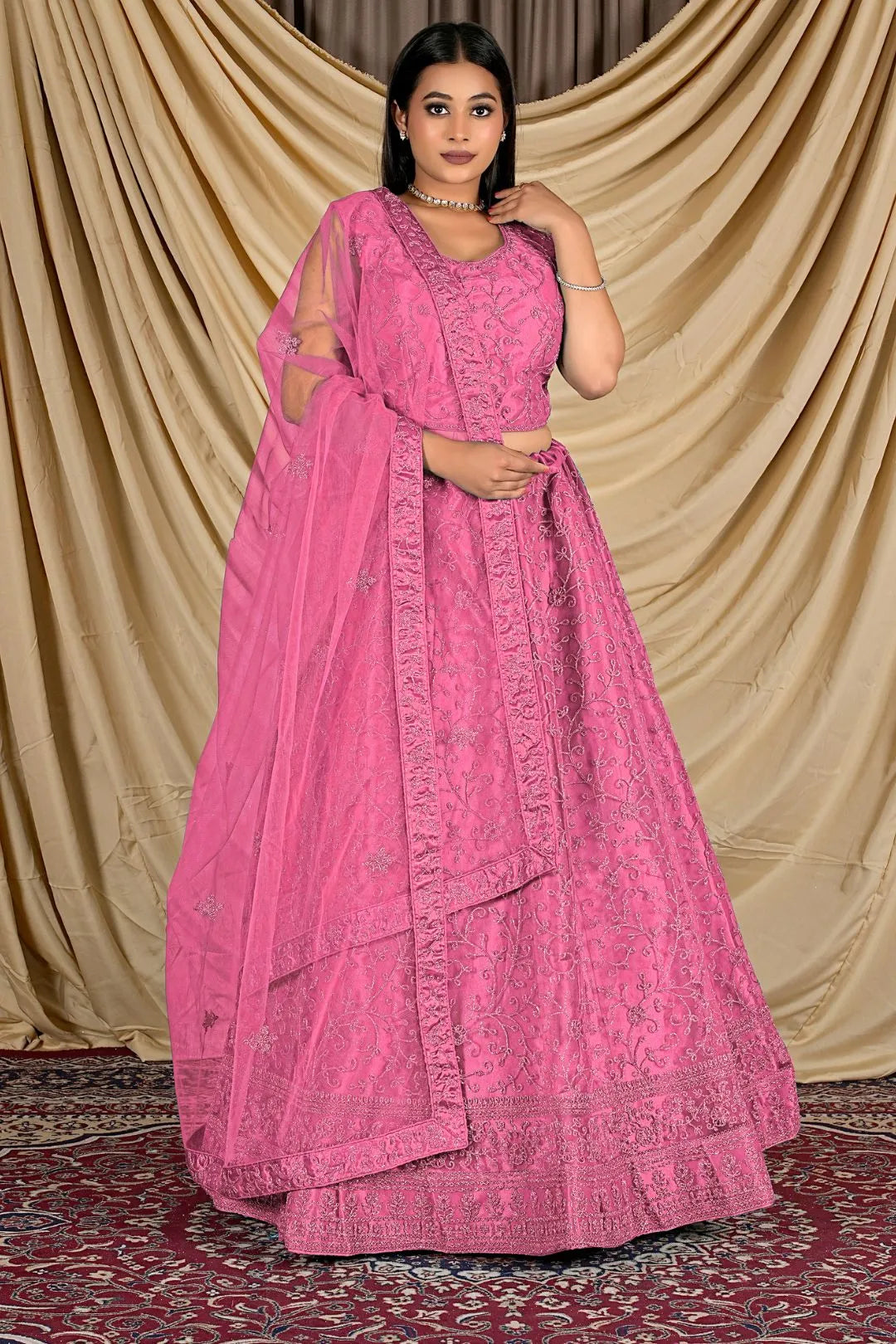 Pink Readymade Net Lehenga Choli For Weddings