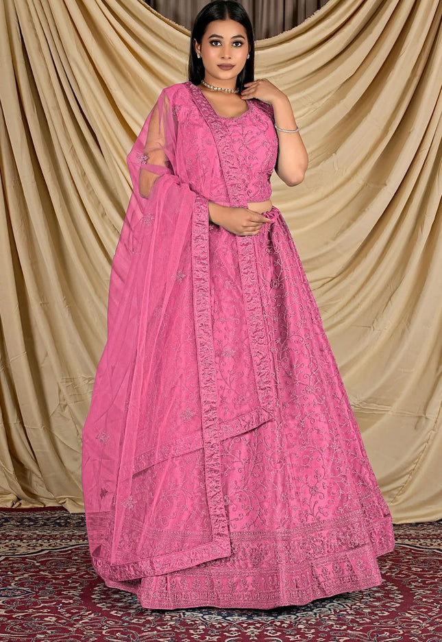 Pink Readymade Net Lehenga Choli For Weddings