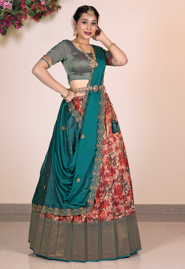 Woman wearing a traditional outfit with a pink and green floral skirt