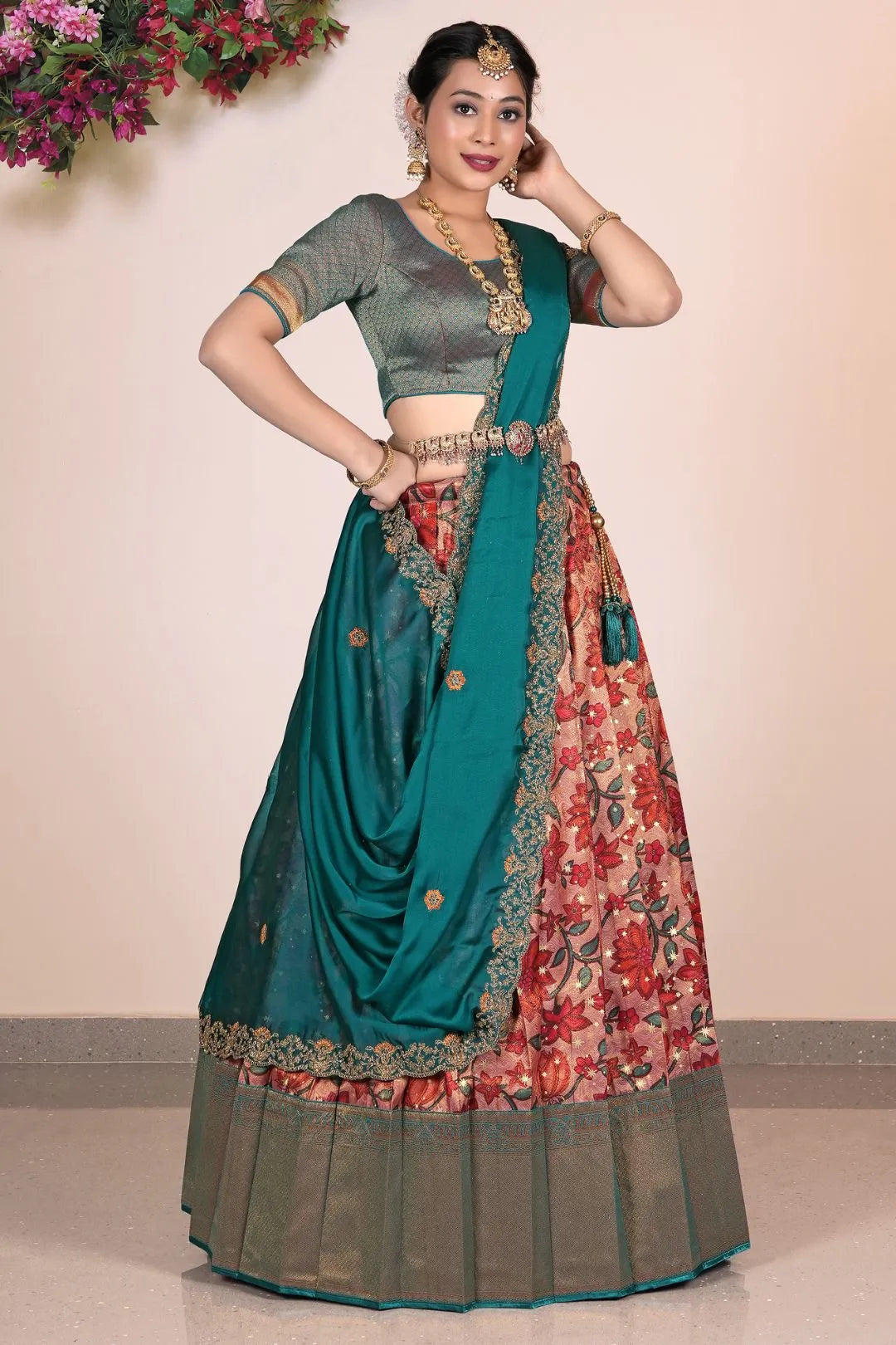 Pink South Indian Style Banarasi Silk Lehenga
