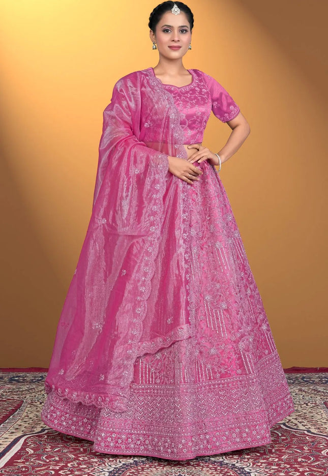 Pink Traditional Net Lehenga Choli With Dupatta