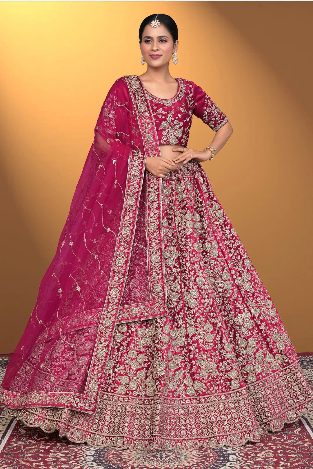 Pink Velvet Lehenga Choli With Net Dupatta For Women