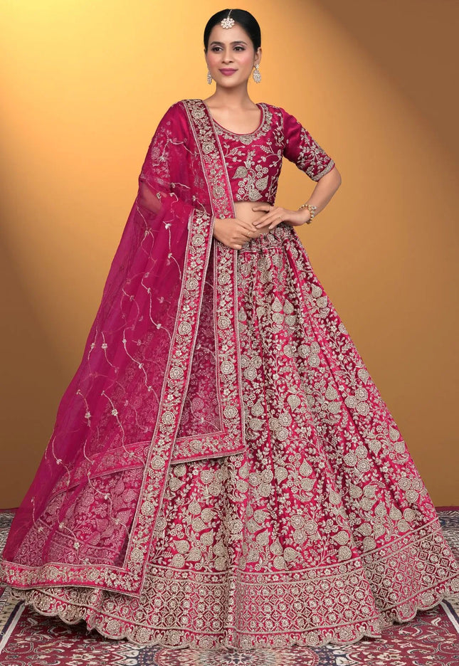 Pink Velvet Lehenga Choli With Net Dupatta For Women