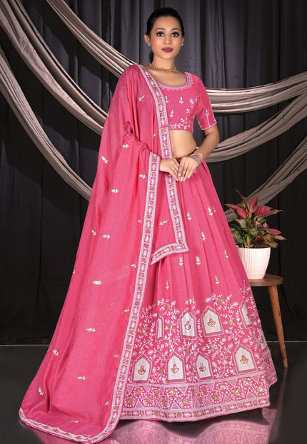 Pink Vichitra Silk Crop Top Lehenga For Women