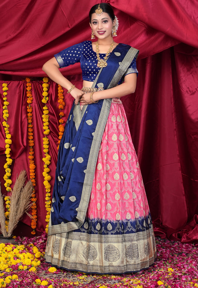 Woman in traditional blue and pink lehenga choli