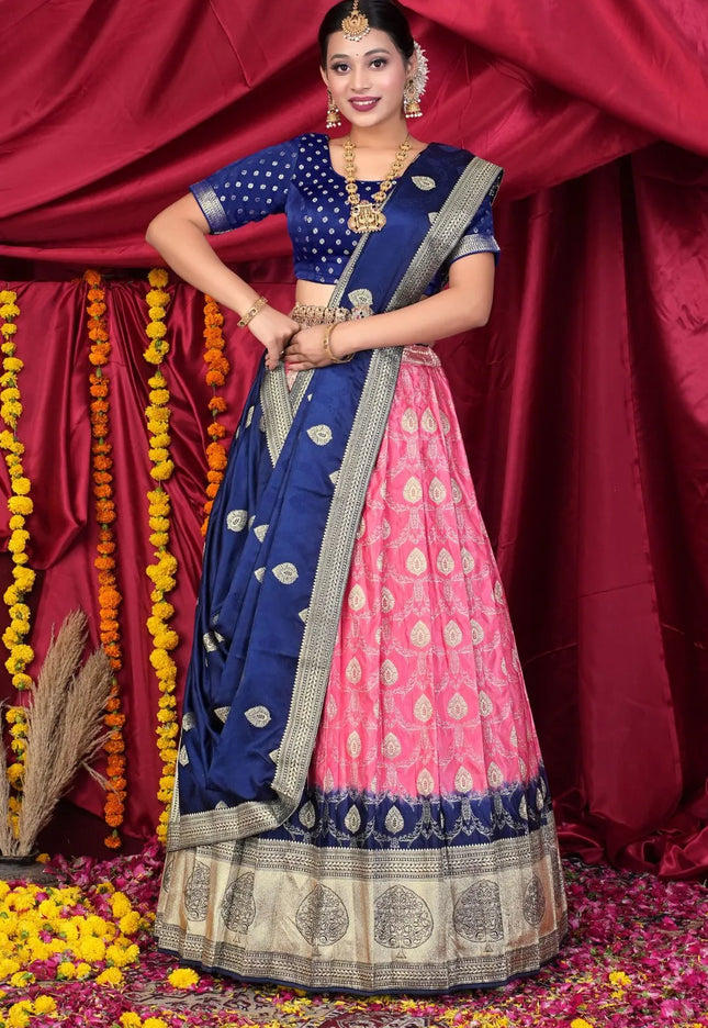 Pink Viscose Silk Half Saree With Zari Work